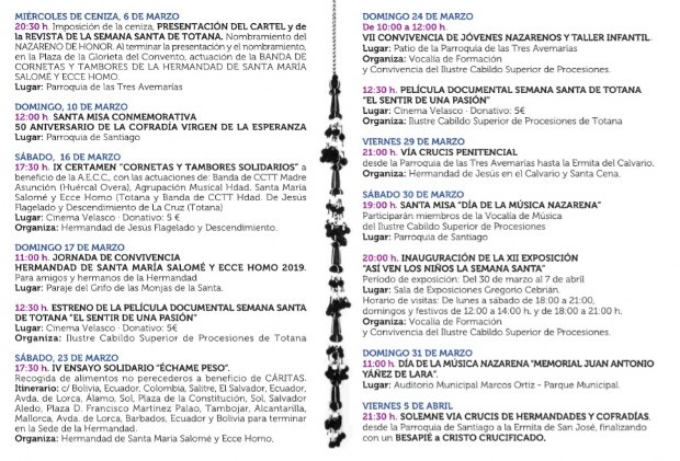 Actos y cultos Semana Santa 2019