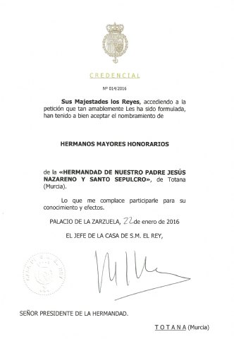 S.S.M.M El Rey Felipe VI y la Reina Letizia aceptan el ser nombrados Hermanos Mayores Honorarios