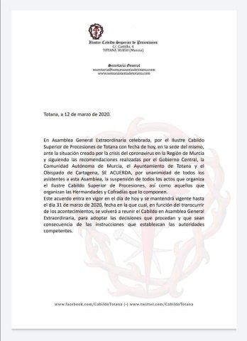 Comunicado del Cabildo Superior de Procesiones de Totana