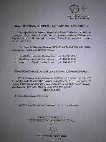 Plazo presentacion candidaturas y Convocatoria Asamblea Extraordinaria