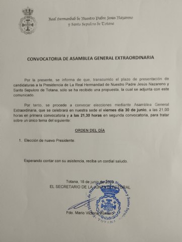 Convocatoria a las Elecciones a la presidencia de la Hermandad