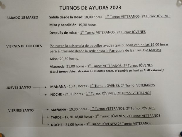 Turnos de ayudas Semana Santa 2023