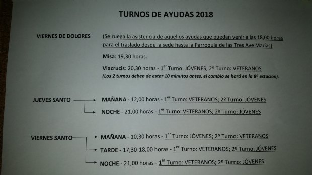 Turnos de ayudas. Semana Santa 2018
