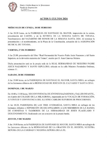 Actos y cultos Semana Santa 2026