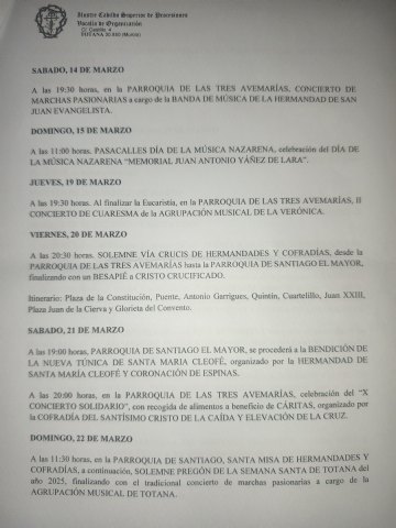 Actos y cultos Semana Santa 2026