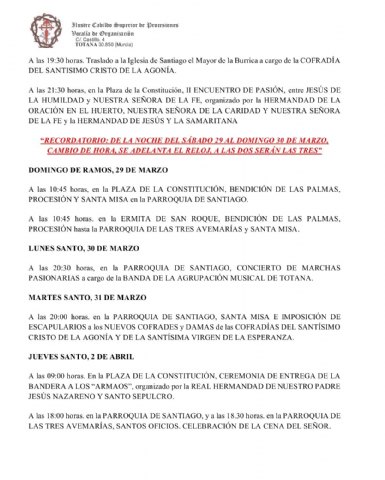 Actos y cultos Semana Santa 2026