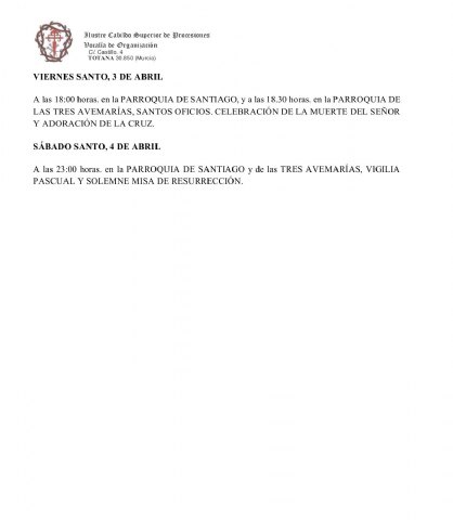 Actos y cultos Semana Santa 2026